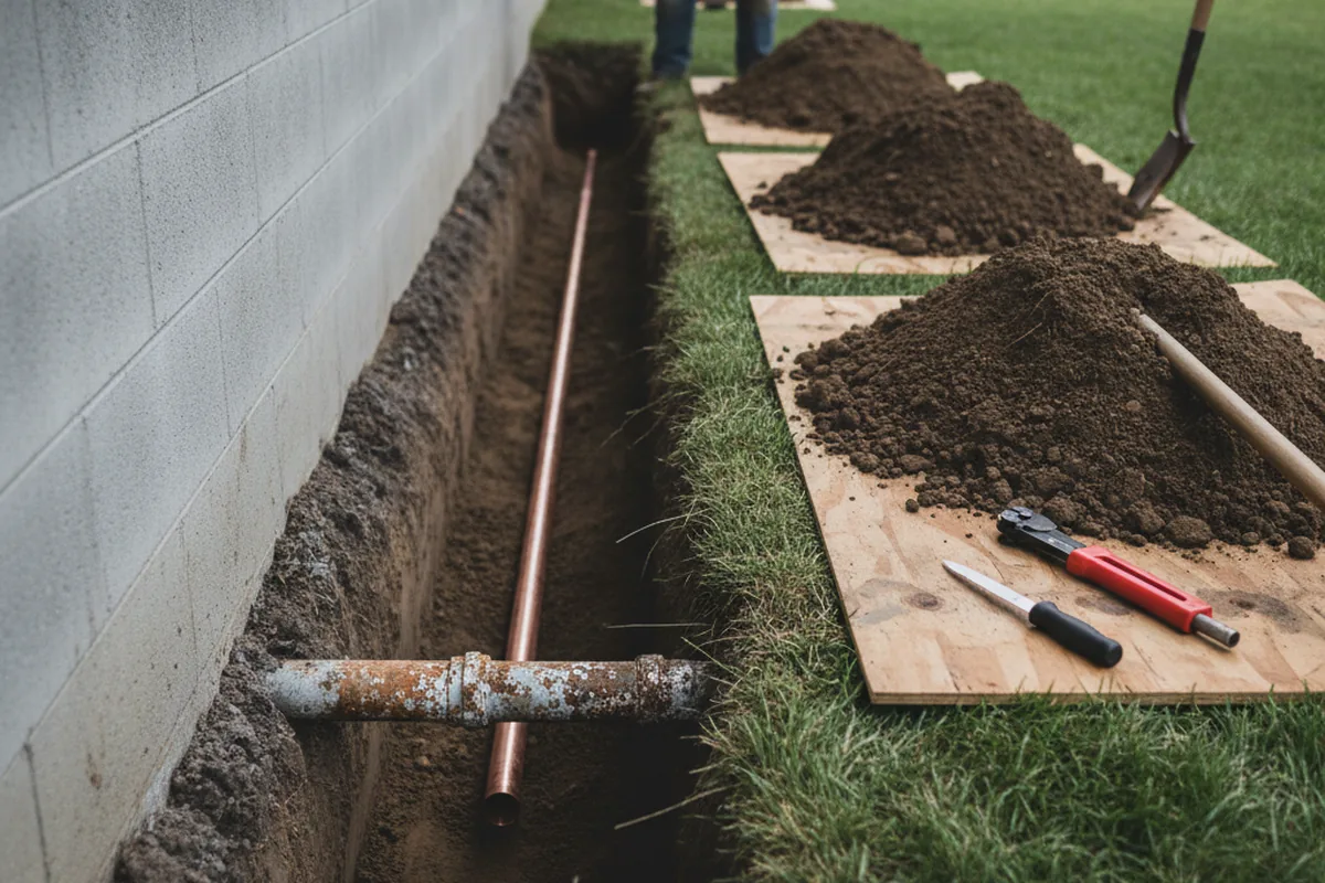 Excavated water line trench during Water Softener Installation in Readyville